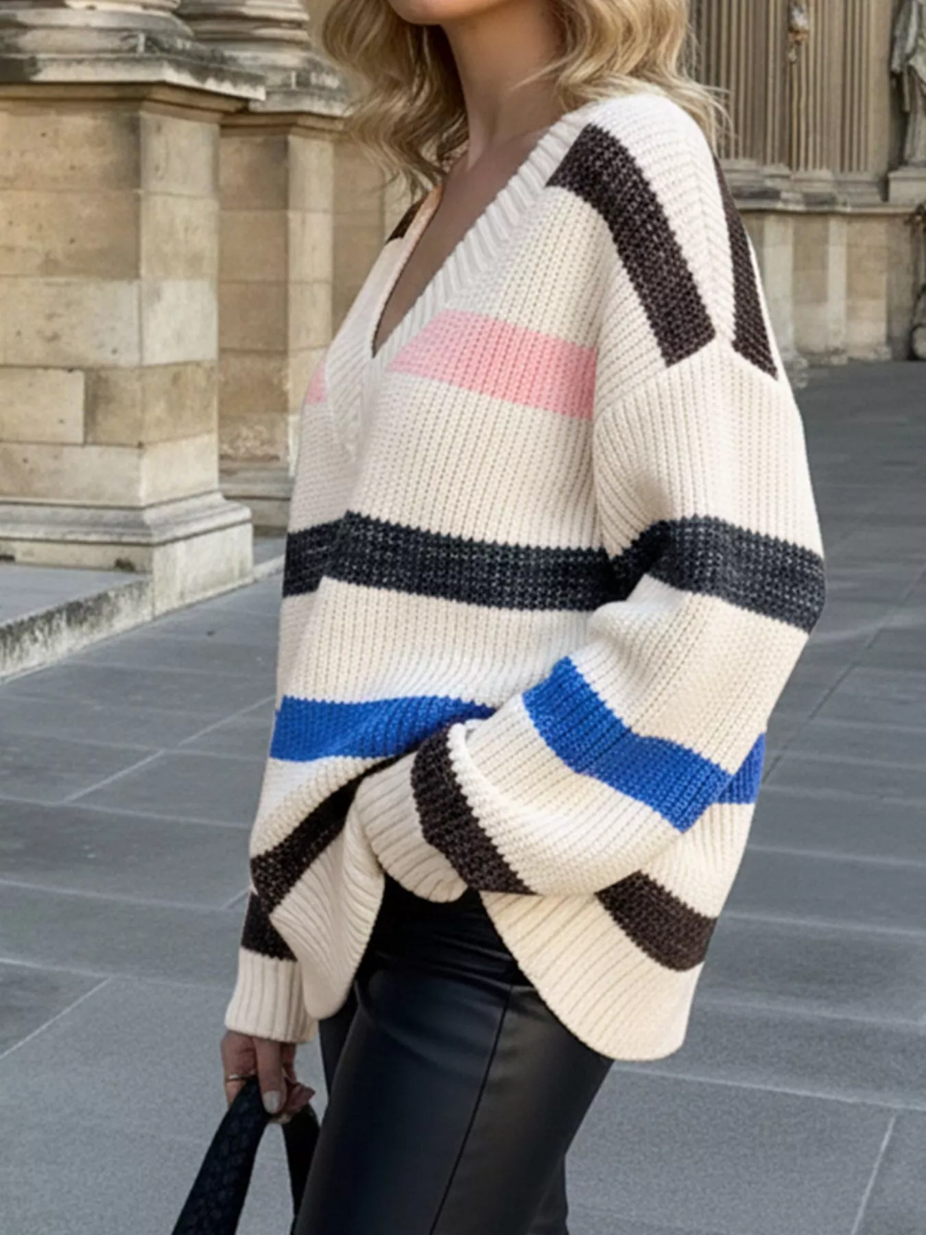 Striped V-Neck Oversized Sweater - Image 5