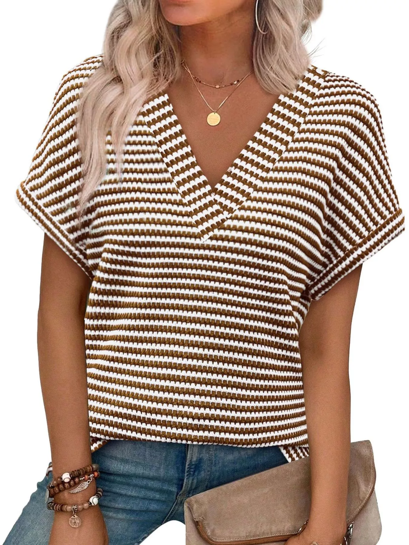 Striped V-Neck Relaxed Fit T-Shirt - Image 8