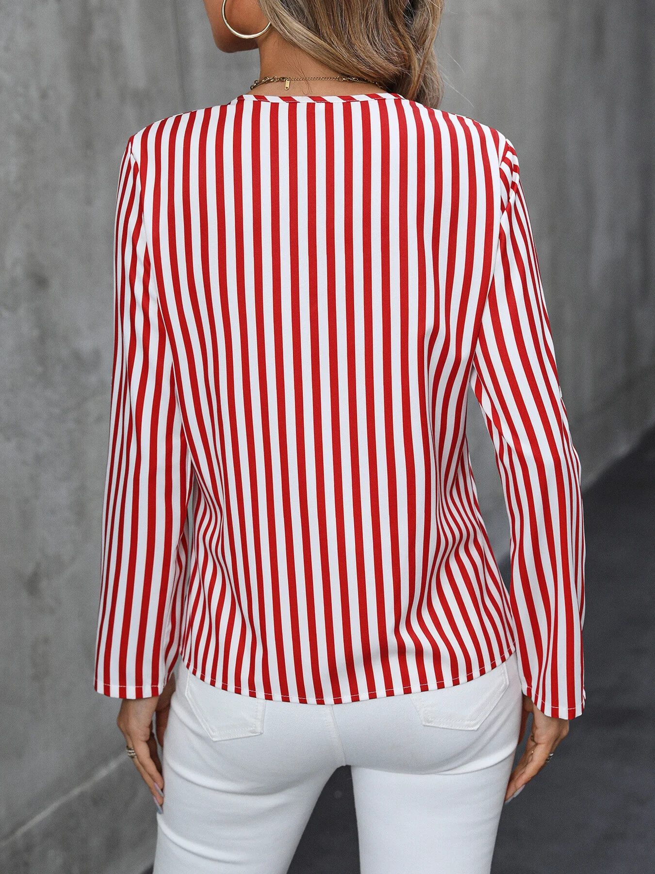 Striped V-Neck Roll-Up Sleeve Blouse - Image 2