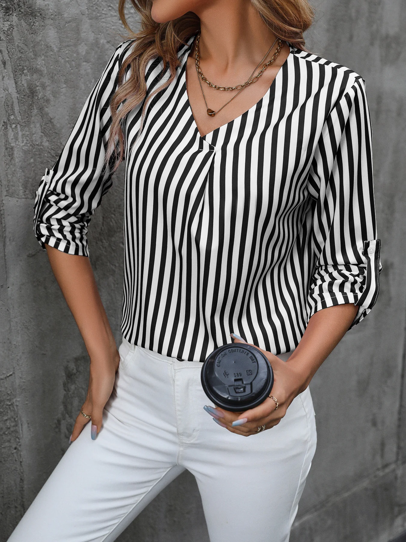 Striped V-Neck Roll-Up Sleeve Blouse - Image 7