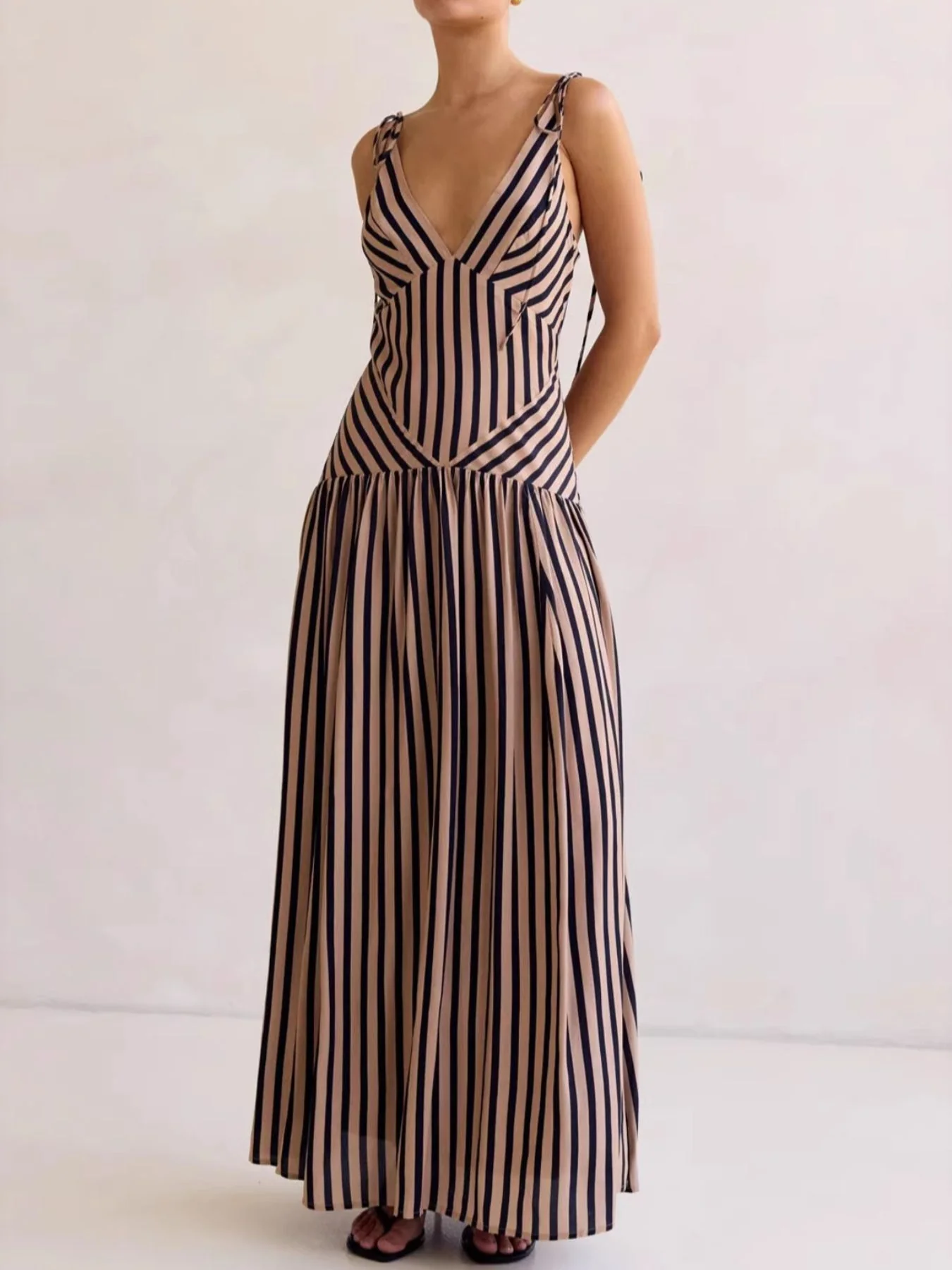 Striped V-Neck Tie-Shoulder Maxi Dress - Image 3
