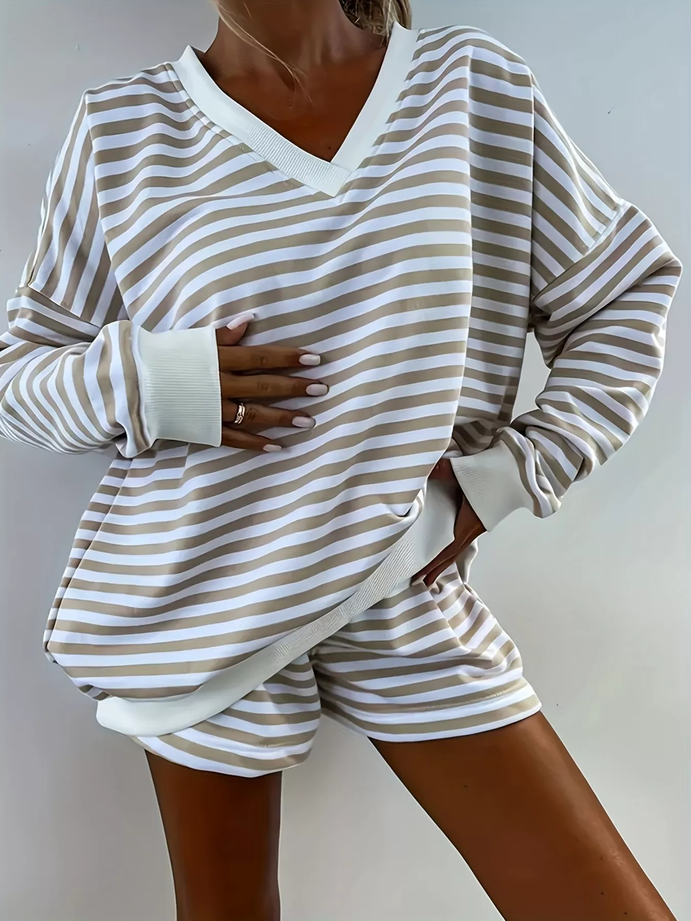 Striped V-Neck Top and Shorts Set - Image 2