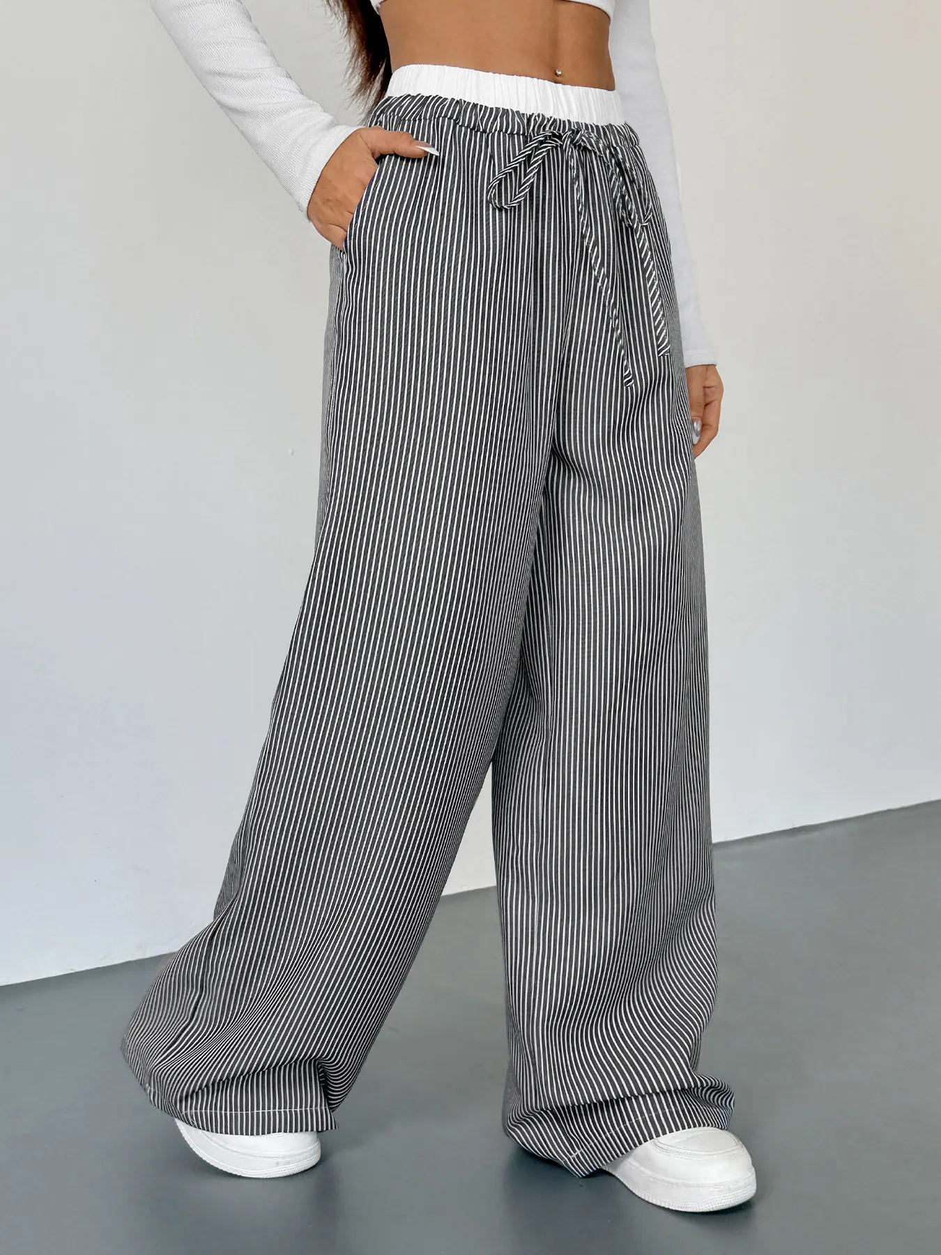 Striped Wide Leg Drawstring Pants - Image 3