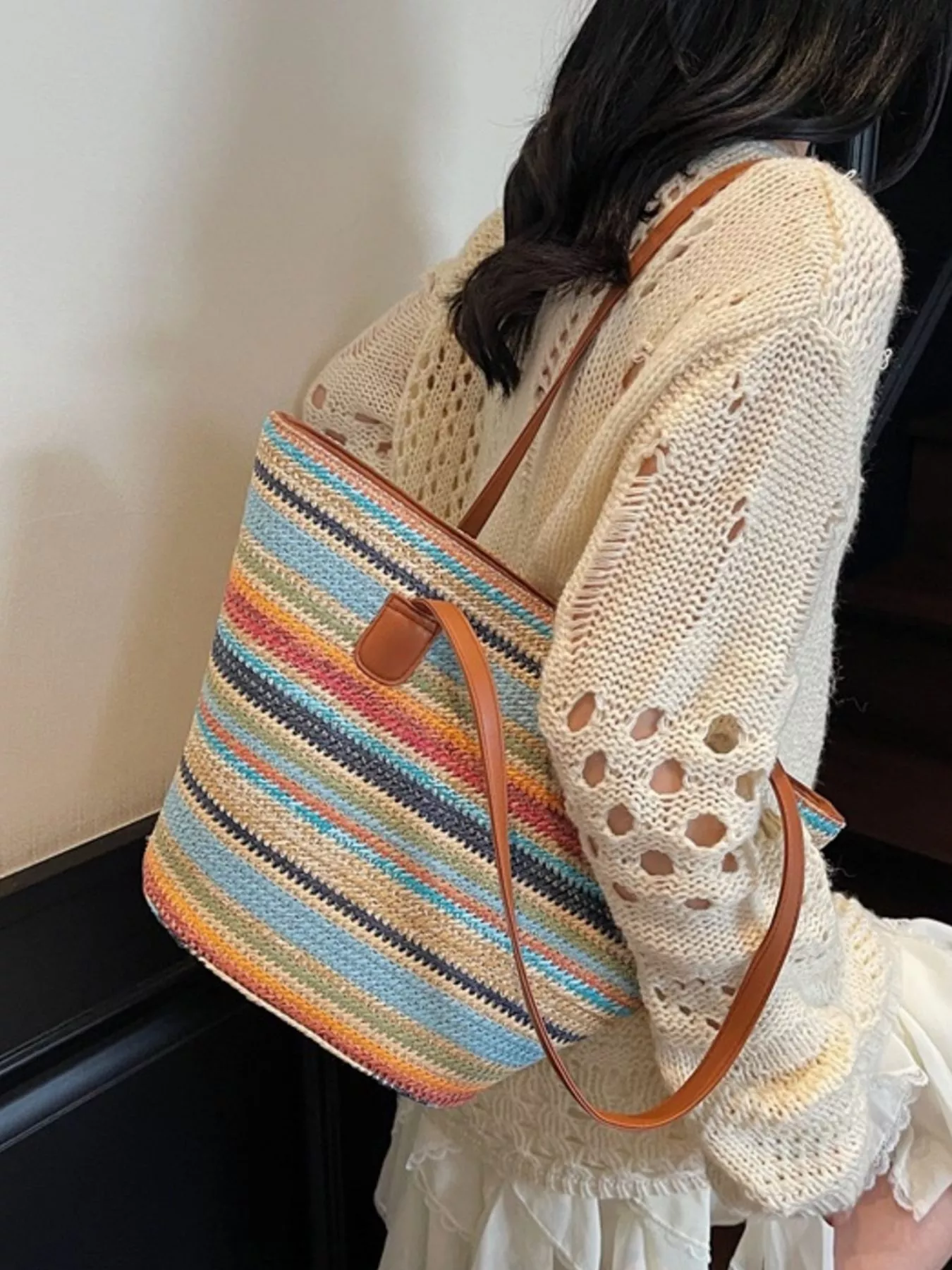 Striped Woven Shoulder Bag - Image 4
