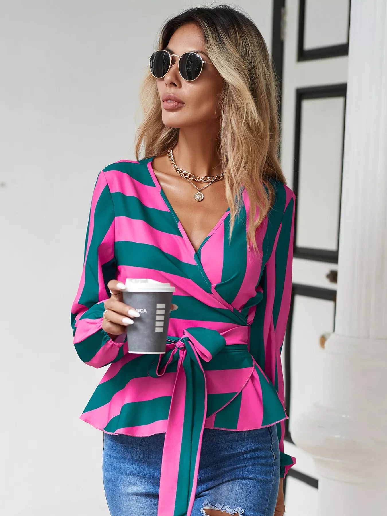 Striped Wrap Blouse with Tie Detail - Image 3
