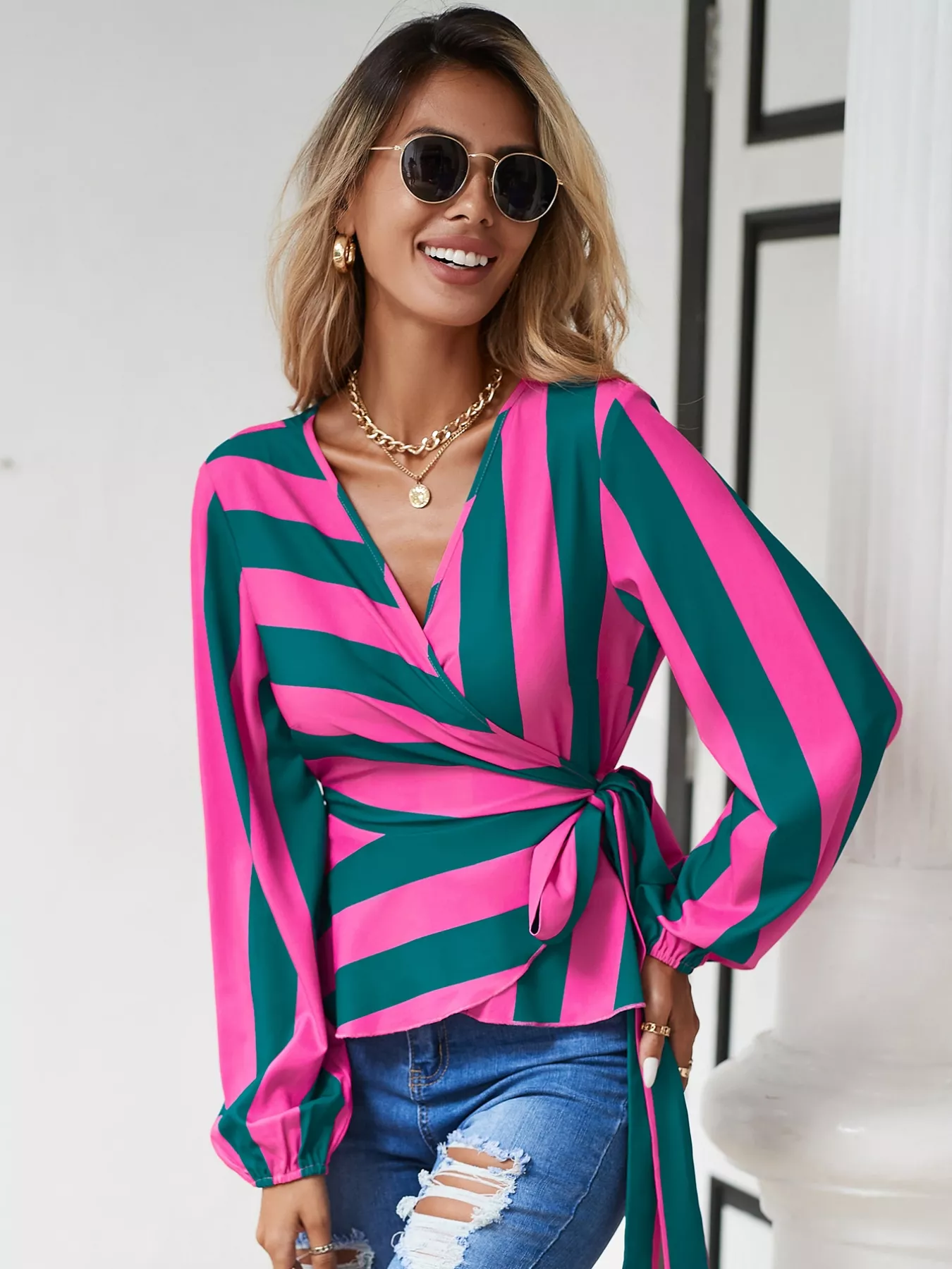 Striped Wrap Blouse with Tie Detail - Image 4