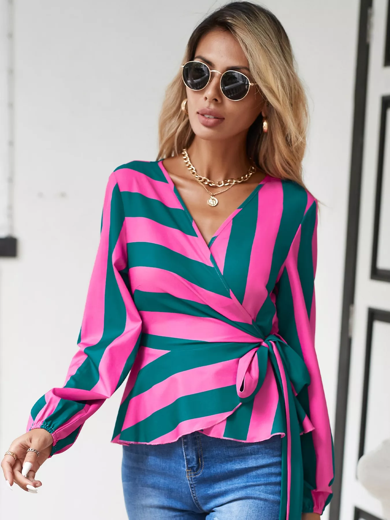 Striped Wrap Blouse with Tie Detail - Image 5