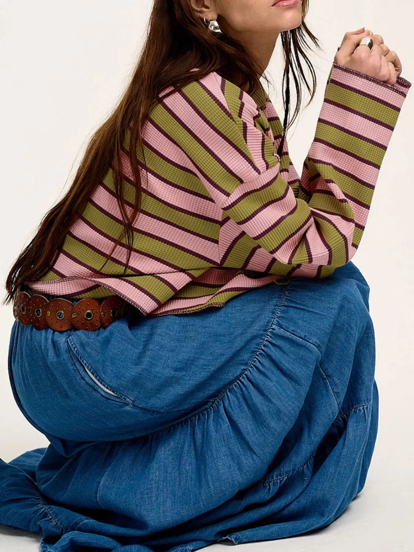 Stripes Waffle Texture Notched Neck Long Sleeve Top - Image 4