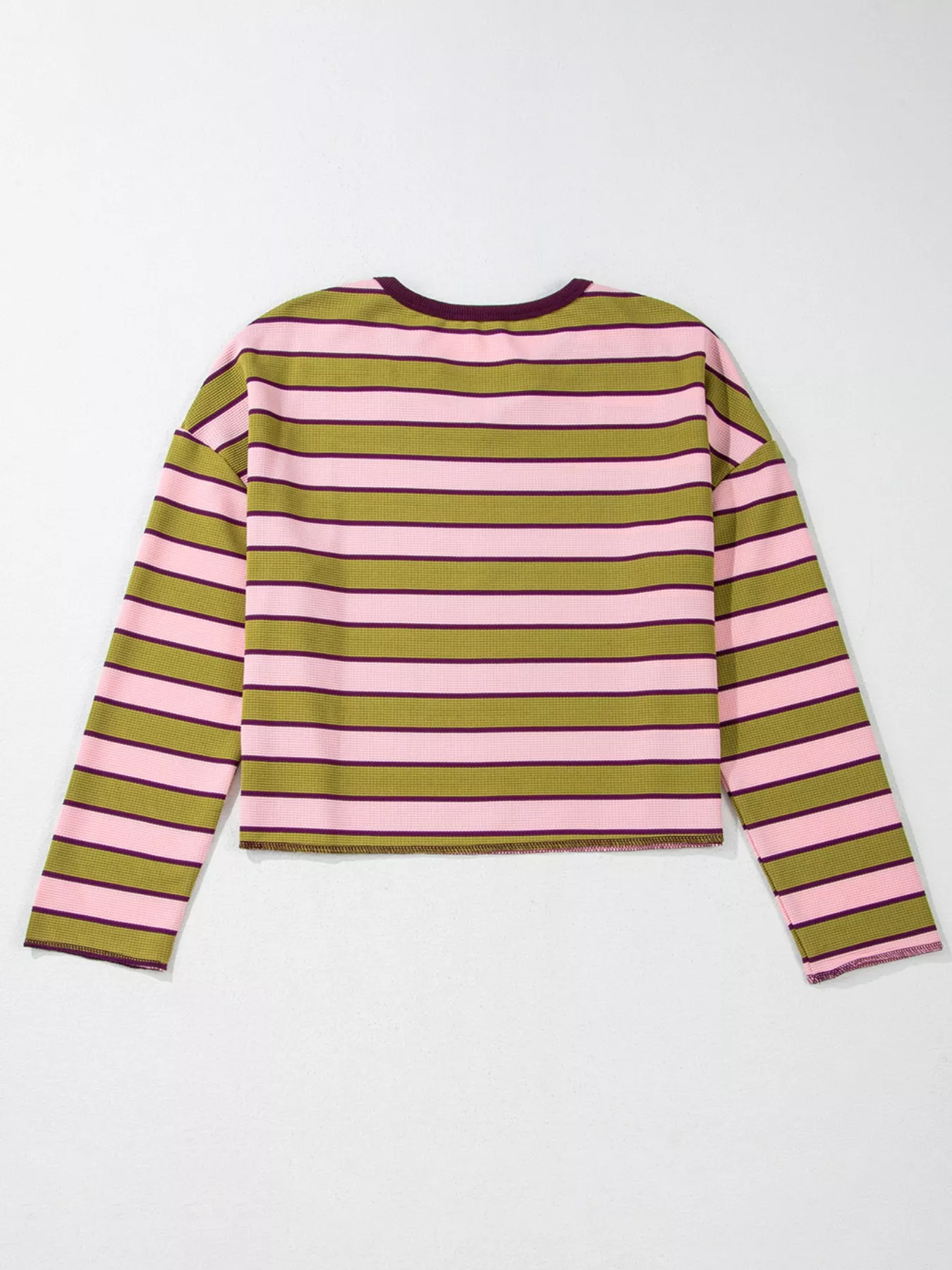 Stripes Waffle Texture Notched Neck Long Sleeve Top - Image 7