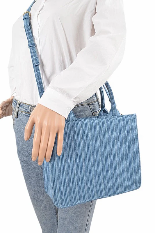 Stripy Denim Top Handle Convertible Small Tote - Image 7