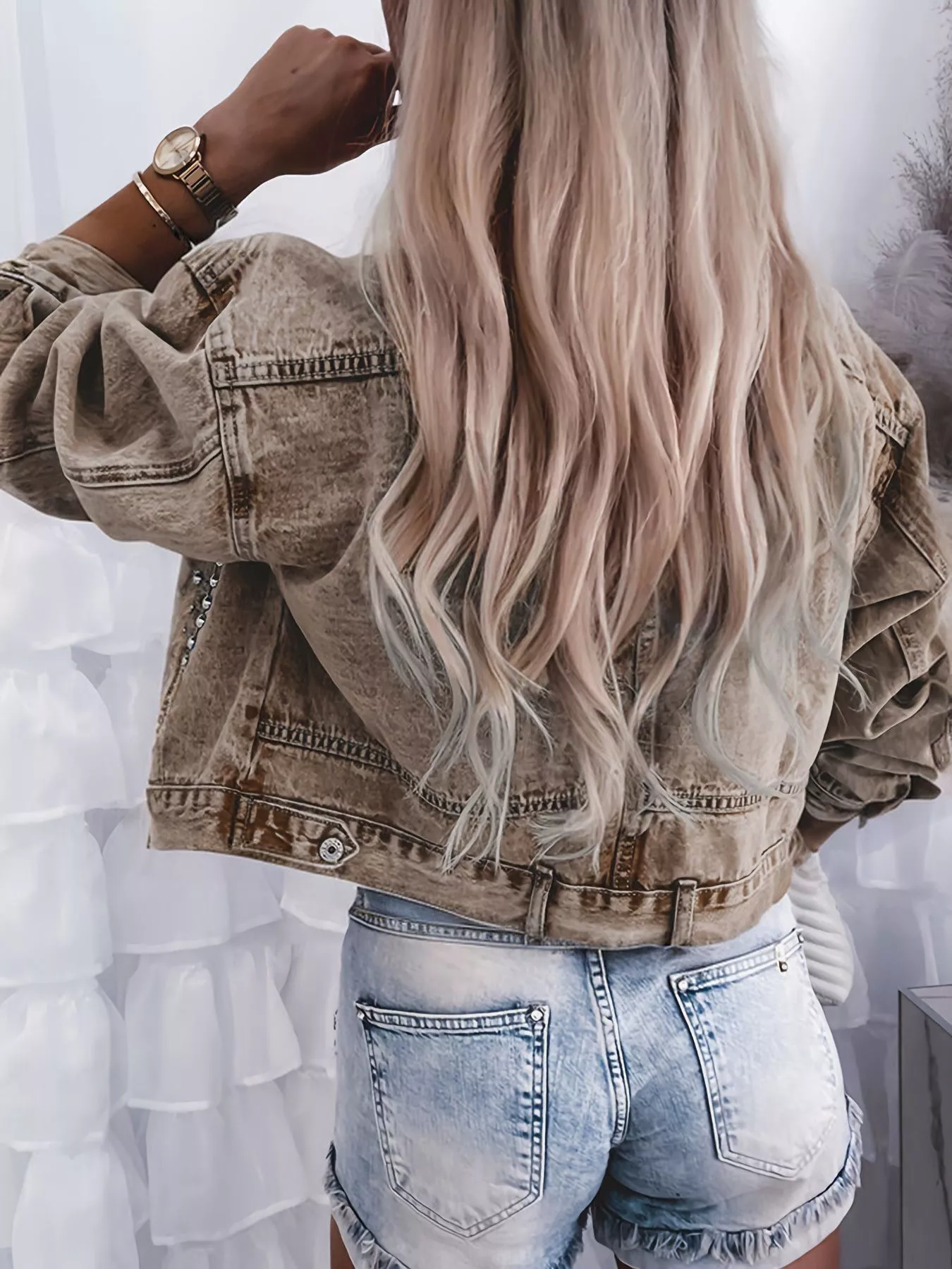 Studded Button Up Wash Denim Jacket - Image 3