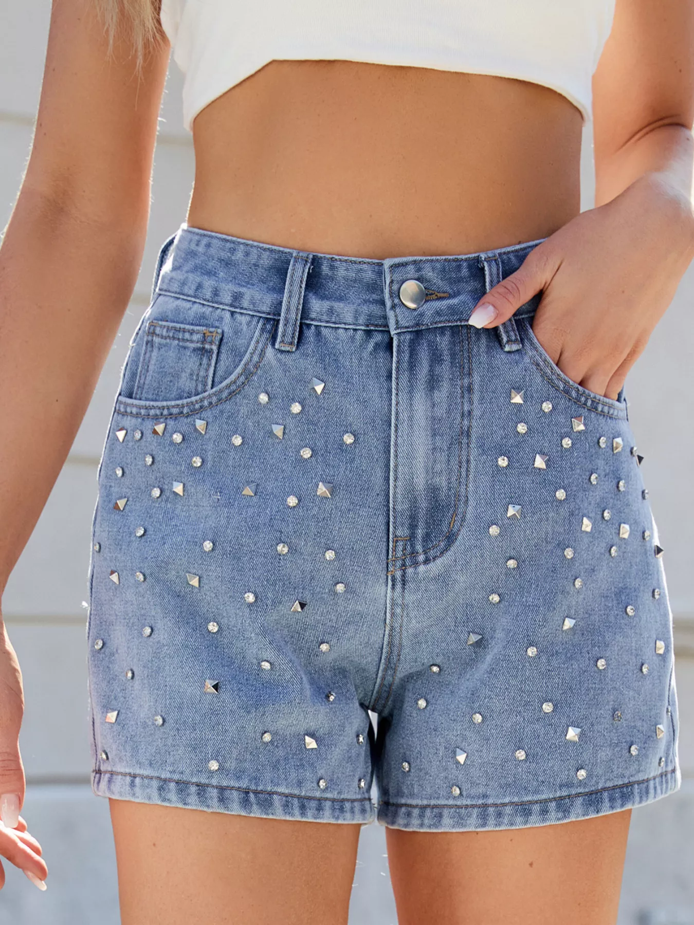 Studded High Waist Denim Shorts - Image 4