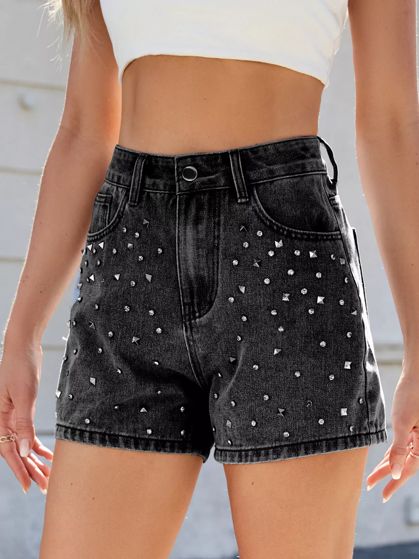 Studded High Waist Denim Shorts - Image 7