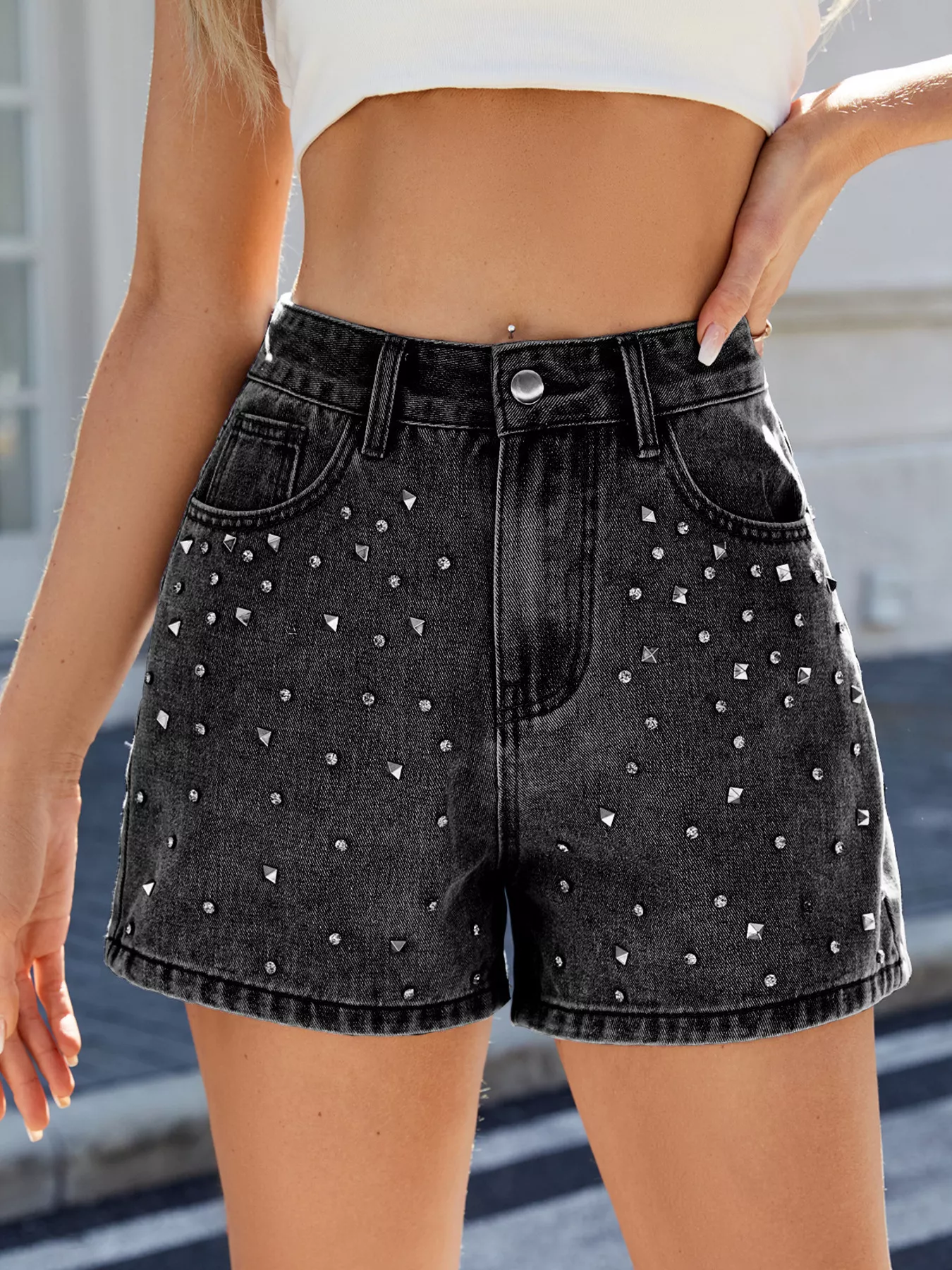 Studded High Waist Denim Shorts - Image 8