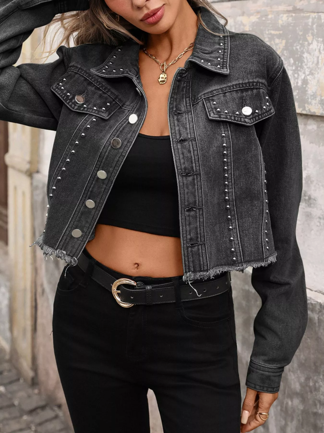 Studded Raw Hem Denim Jacket - Image 9
