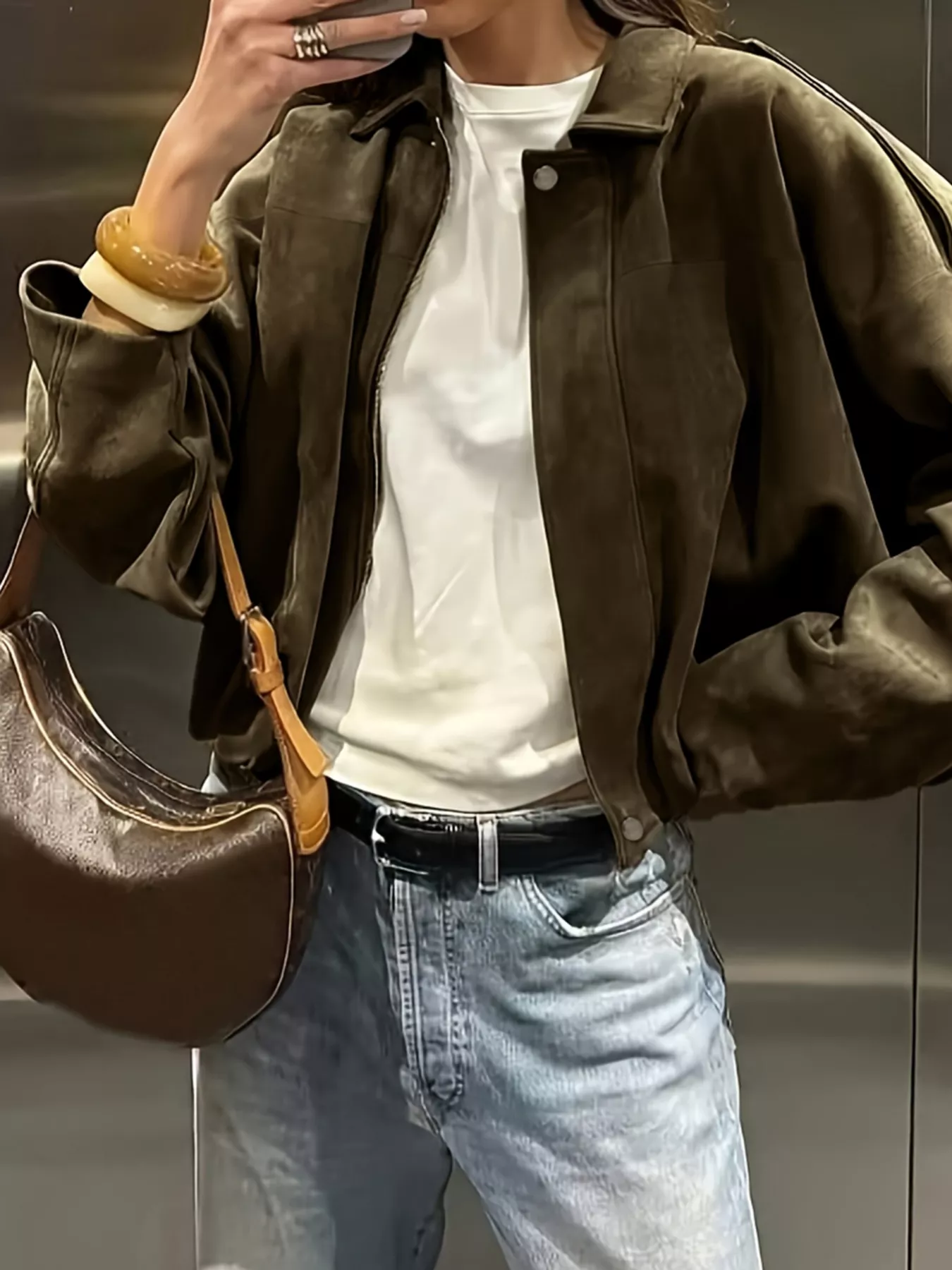 Suede Cropped Bomber Jacket - Image 3
