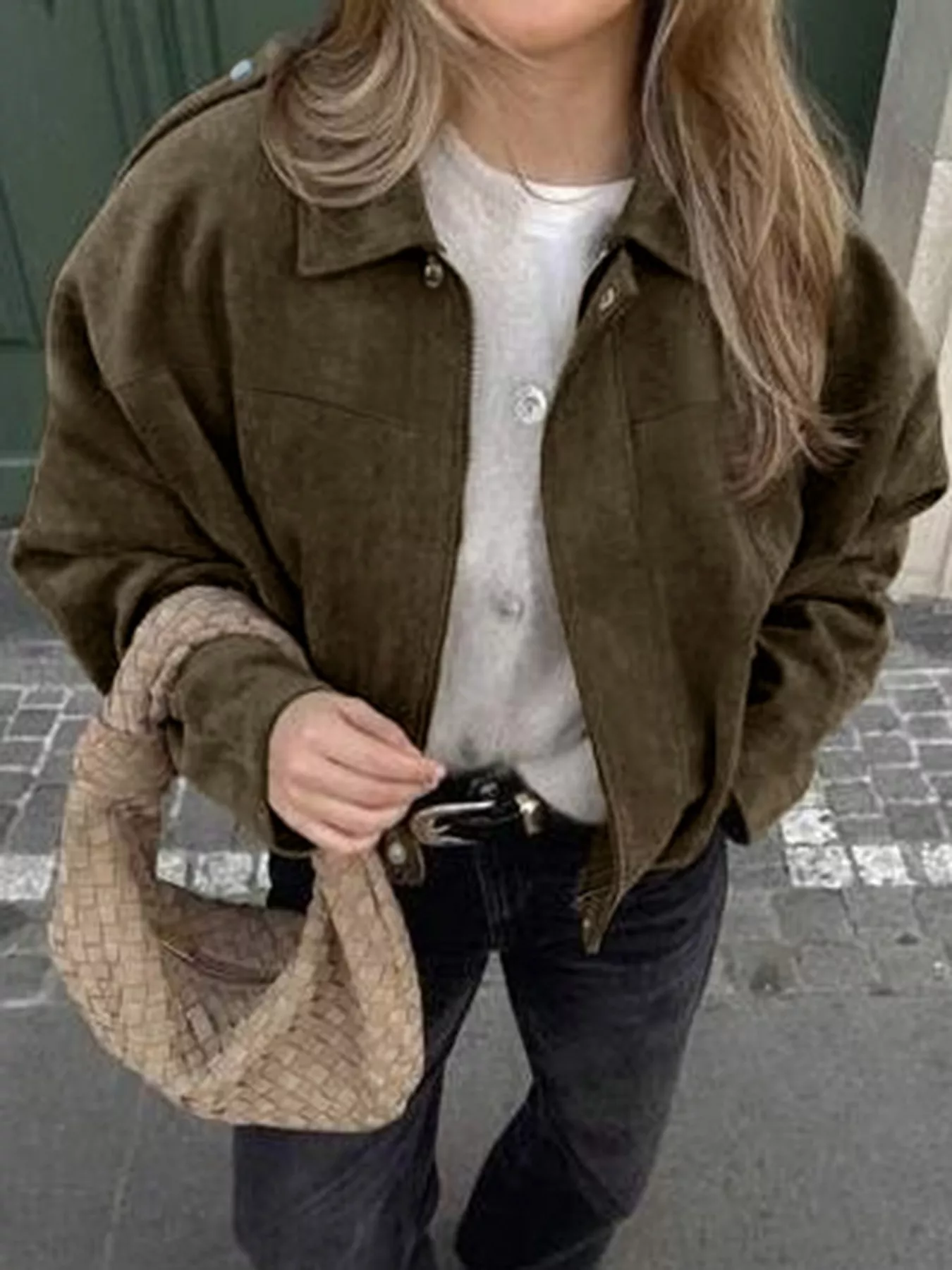 Suede Cropped Bomber Jacket - Image 4