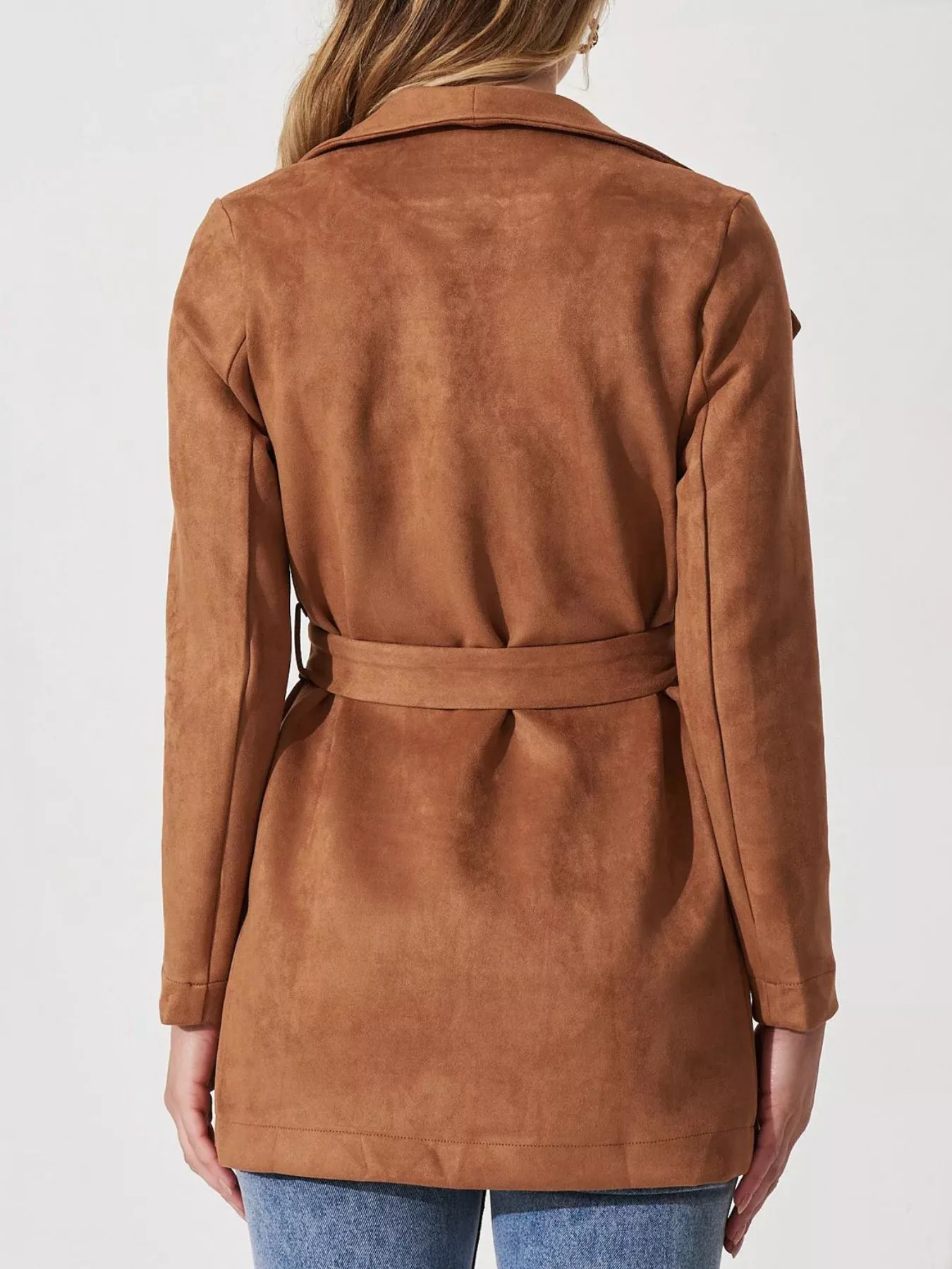 Suede Tie Waist Long Sleeve Outerwear - Image 2