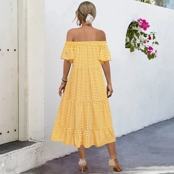 Summer Dress for Women Plaid Puff Sleeves Dress - Image 3
