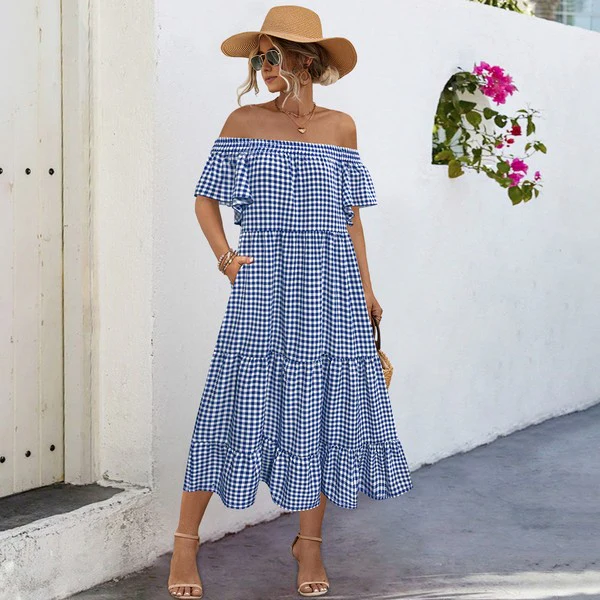 Summer Dress for Women Plaid Puff Sleeves Dress - Image 4