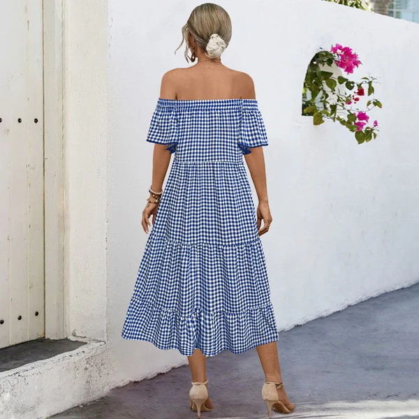 Summer Dress for Women Plaid Puff Sleeves Dress - Image 5