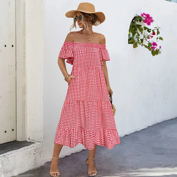 Summer Dress for Women Plaid Puff Sleeves Dress - Image 6