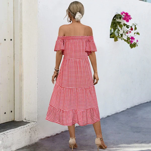 Summer Dress for Women Plaid Puff Sleeves Dress - Image 7