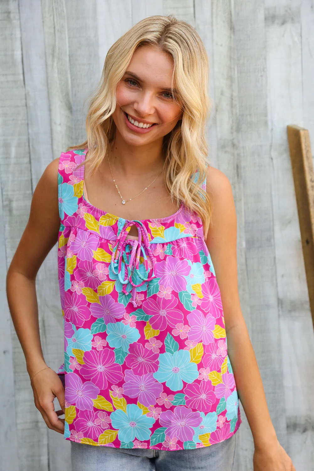 Summer Vibes Fuchsia Square Neck Floral Bow Tie Top - Image 3