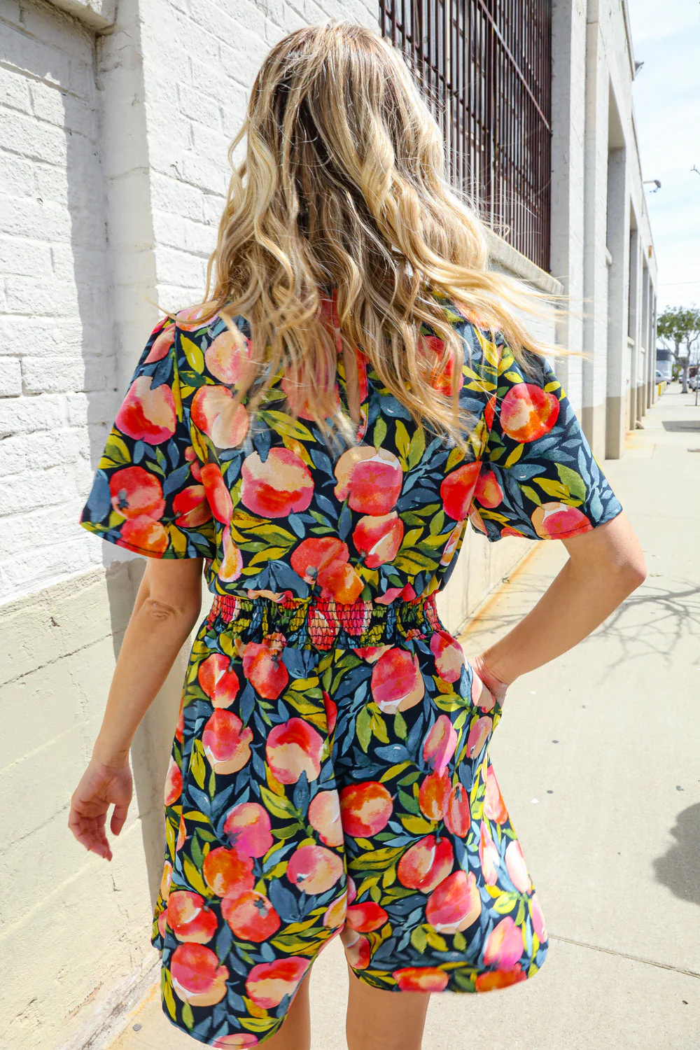 Sunny Days Floral Print Smocked Waist Back Neck Button Romper - Image 3