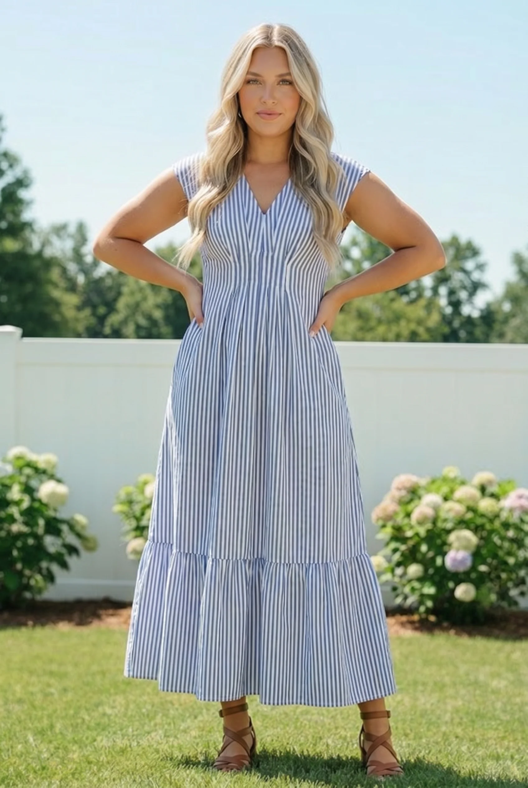 Sunny Days Striped Midi Dress in Blue - Image 11