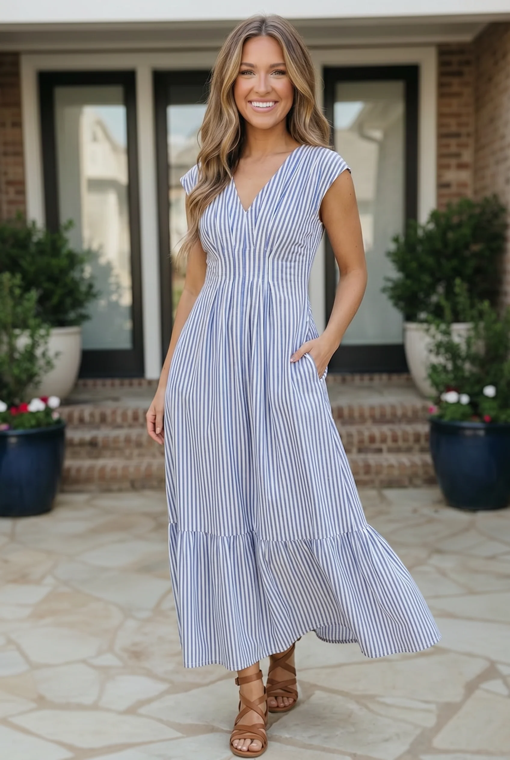 Sunny Days Striped Midi Dress in Blue - Image 2