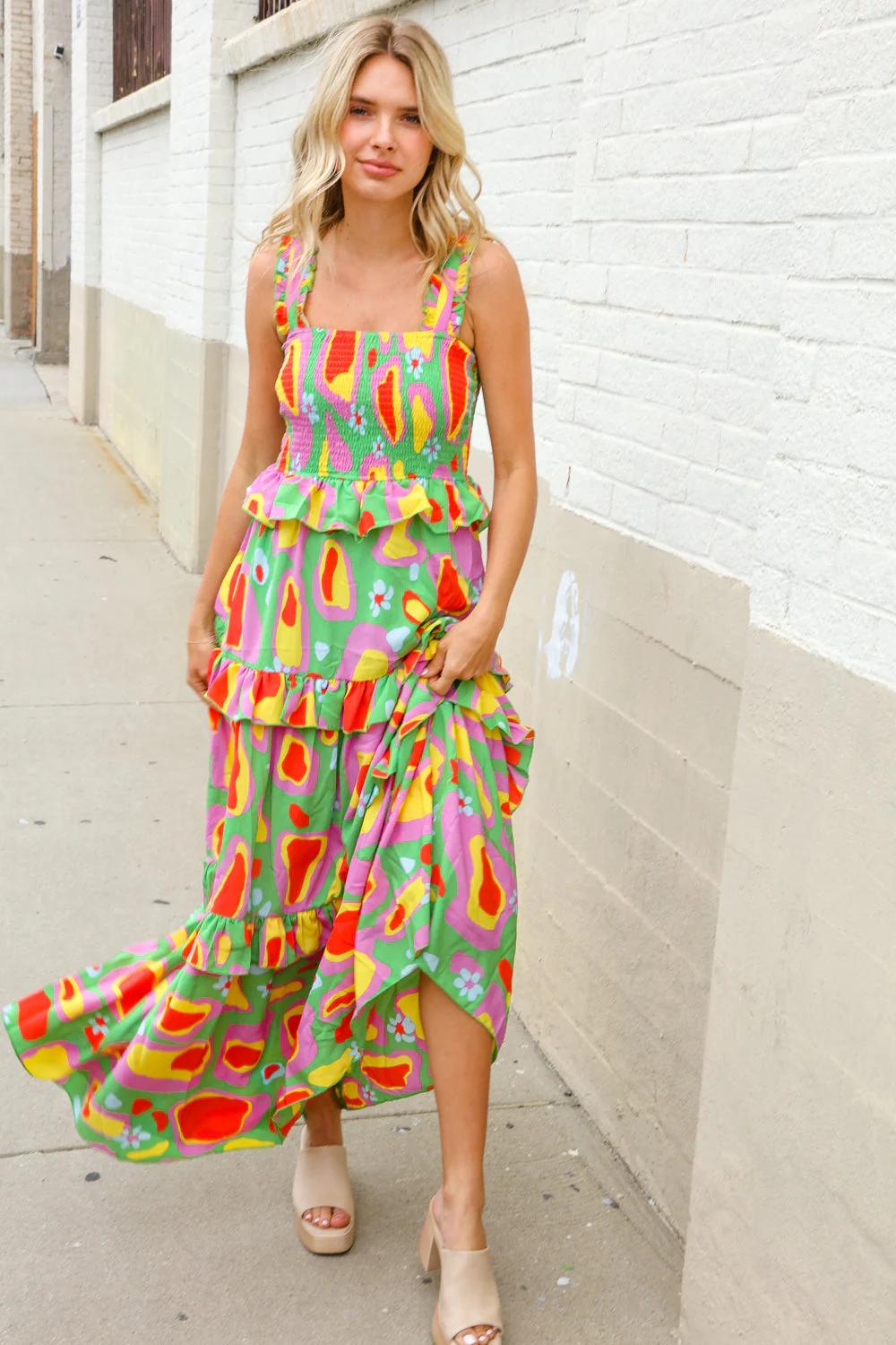 Sunny Days Abstract Print Tiered Ruffle Smocked Sleeveless Maxi - Image 10