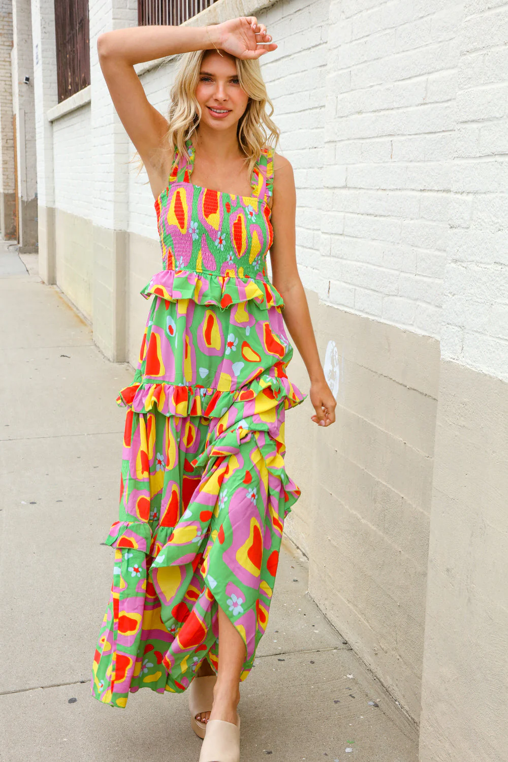 Sunny Days Abstract Print Tiered Ruffle Smocked Sleeveless Maxi - Image 11