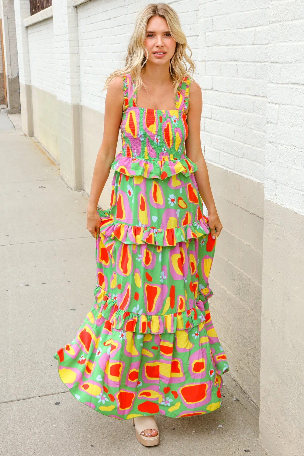 Sunny Days Abstract Print Tiered Ruffle Smocked Sleeveless Maxi - Image 12