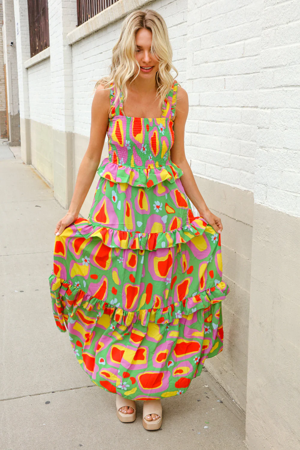 Sunny Days Abstract Print Tiered Ruffle Smocked Sleeveless Maxi - Image 14