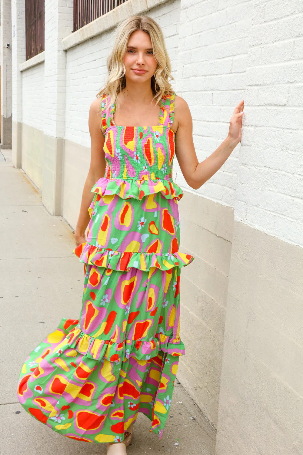 Sunny Days Abstract Print Tiered Ruffle Smocked Sleeveless Maxi - Image 16