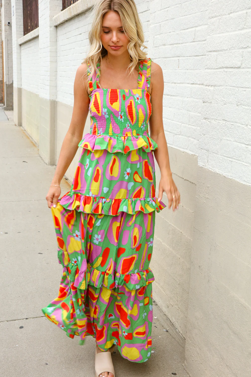 Sunny Days Abstract Print Tiered Ruffle Smocked Sleeveless Maxi - Image 17