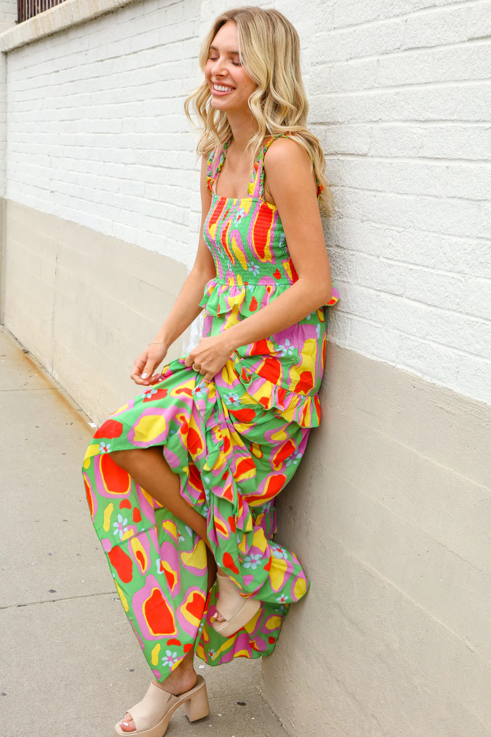 Sunny Days Abstract Print Tiered Ruffle Smocked Sleeveless Maxi - Image 19