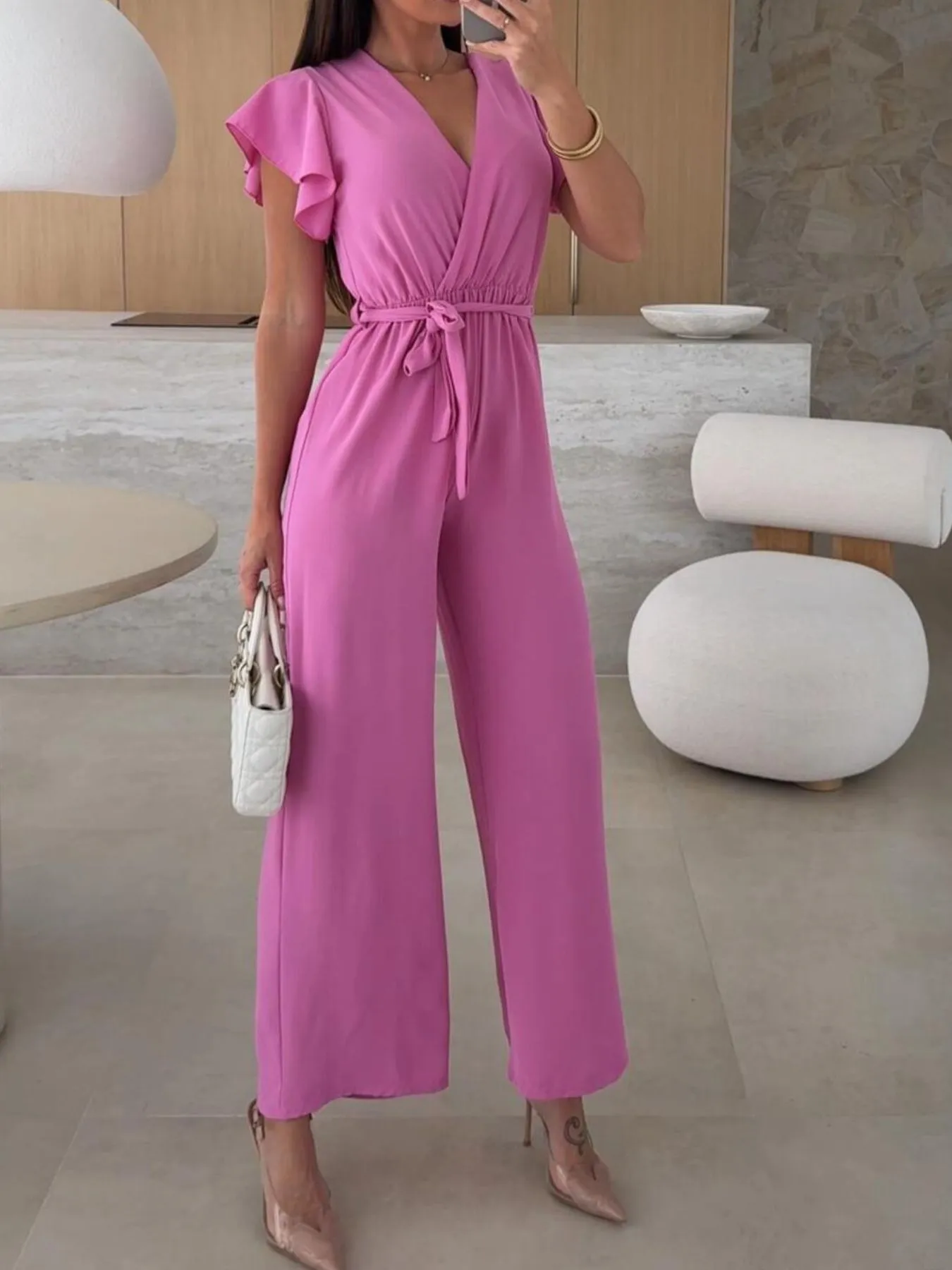 Surplice Wide Leg Belted Jumpsuit - Image 12
