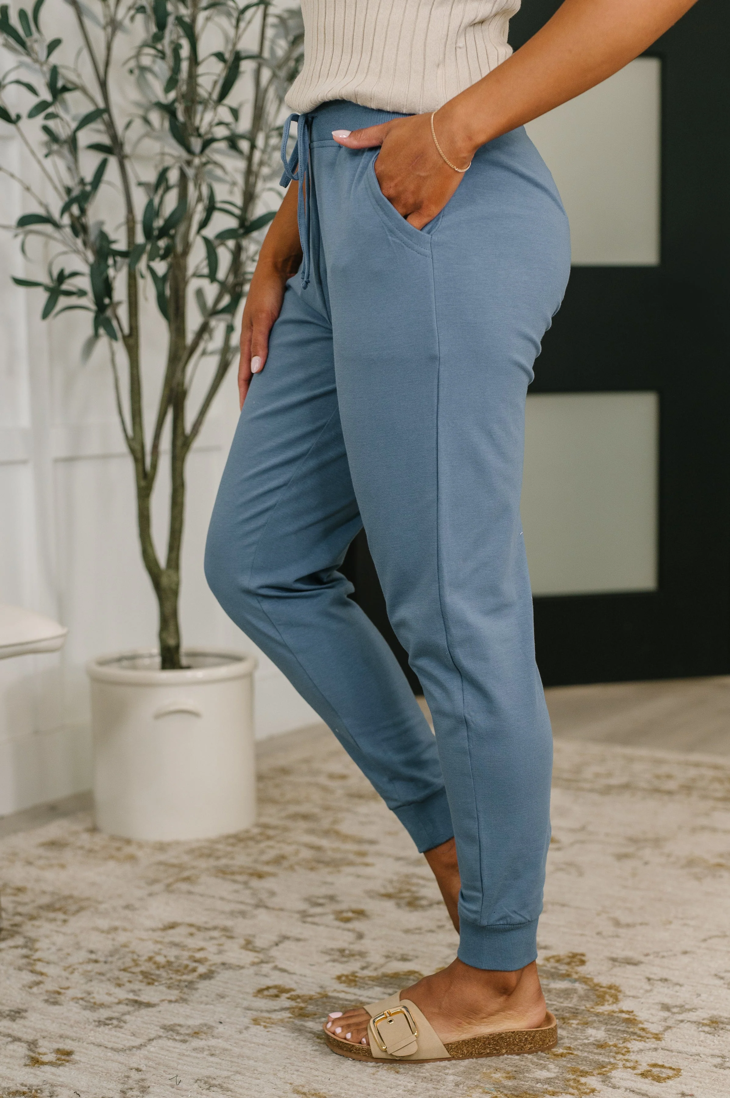 Sweat It High Waisted Joggers in Dusty Blue - Image 3