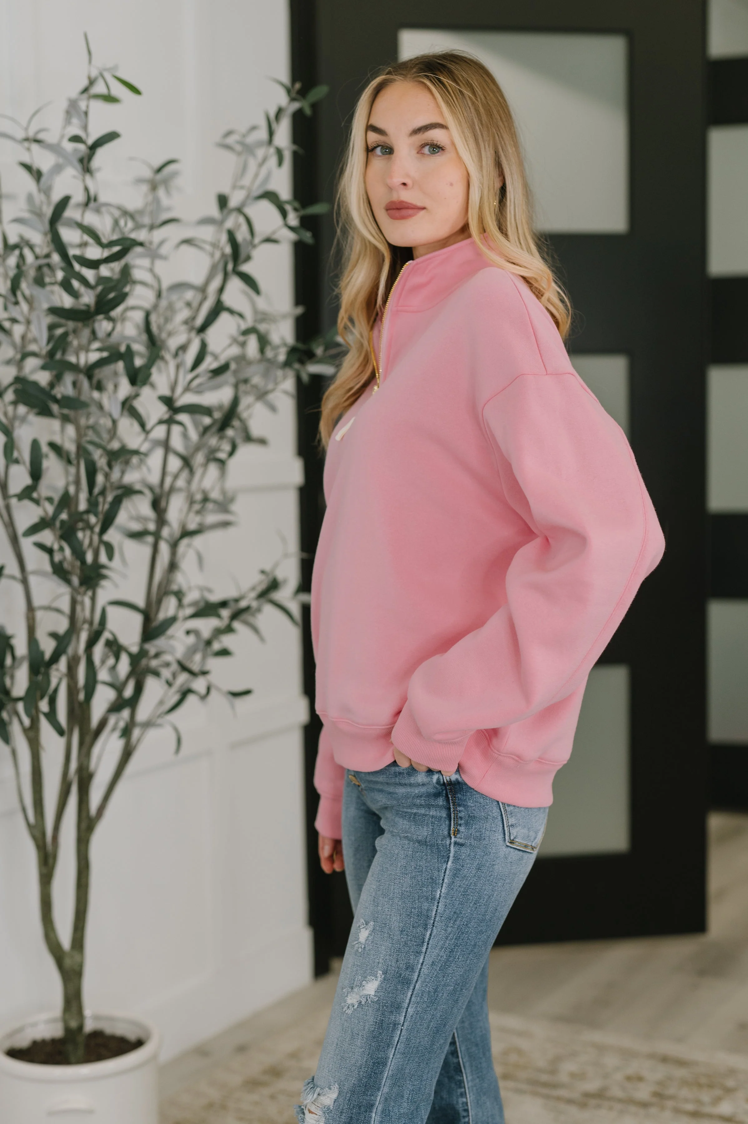 Sweater Weather Half Zip High Neck Pullover in Dark Pink - Image 4