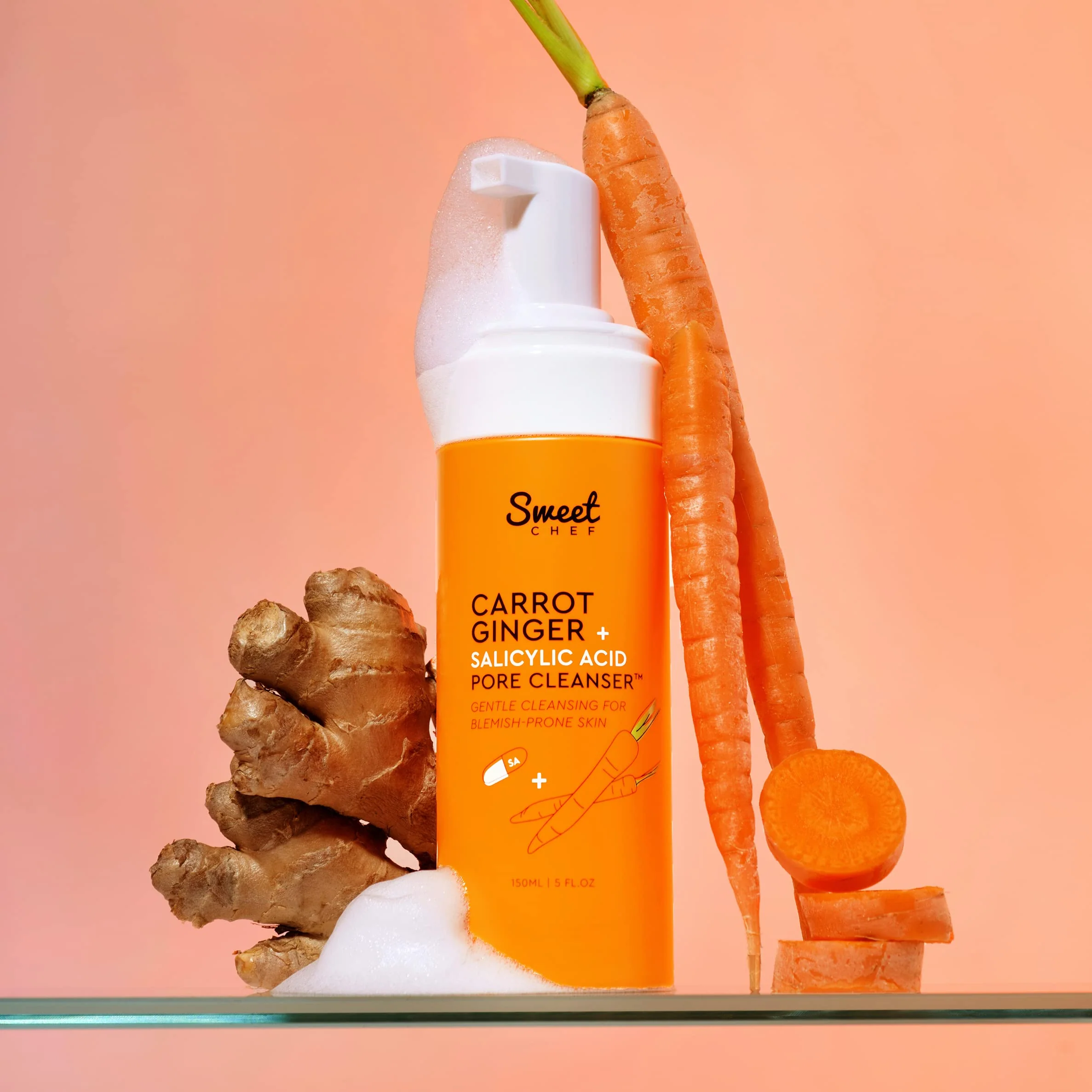 Sweet Chef Carrot Ginger + Salicylic Acid Pore Cleanser - Foaming Face Wash and Gentle Cleanser for Blemish Prone Skin - Brightening Ginger, Pore Minimizer Carrot and Exfoliating Face Wash (5 fl oz) - Image 2