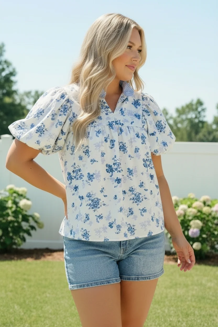 Sweet in Blue Floral Puff Sleeve Babydoll Top - Image 11