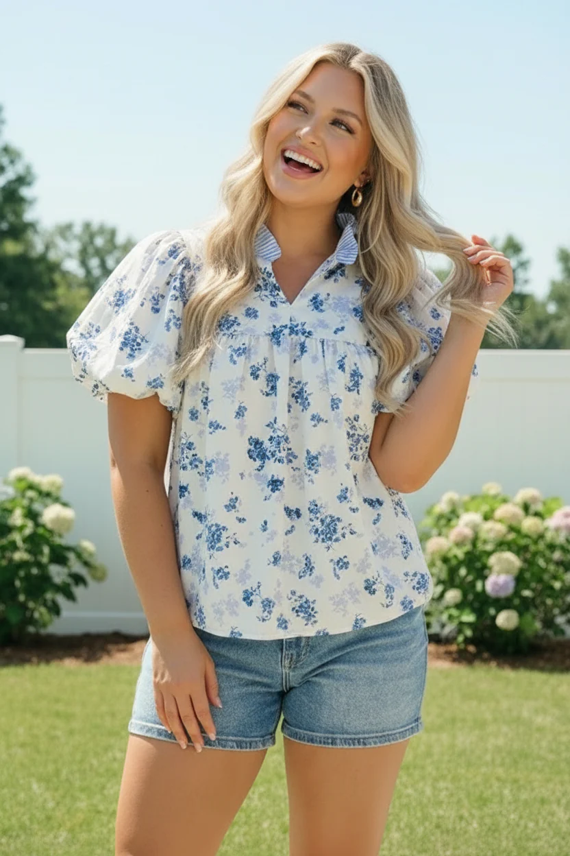 Sweet in Blue Floral Puff Sleeve Babydoll Top - Image 7