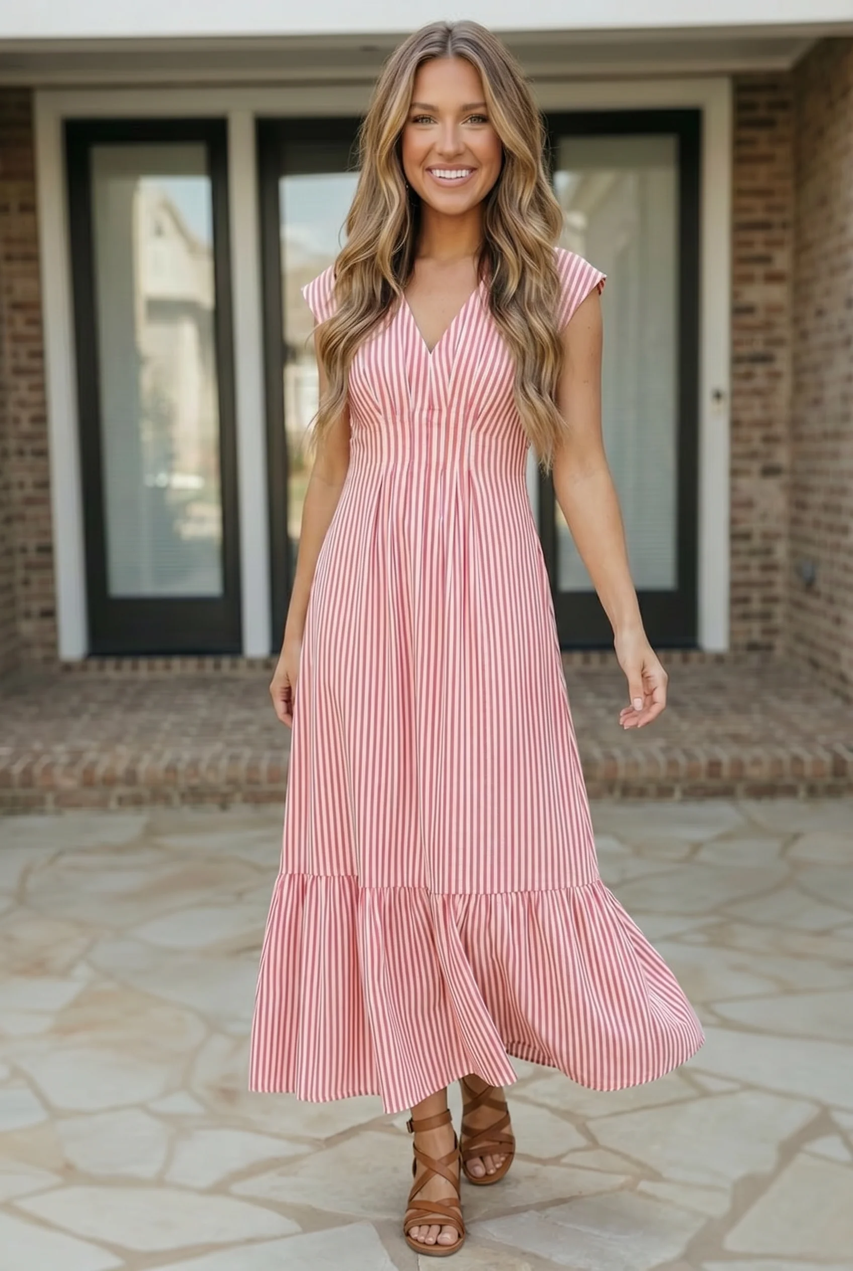 Sweet Stripe Tiered Maxi Dress in Red - Image 2