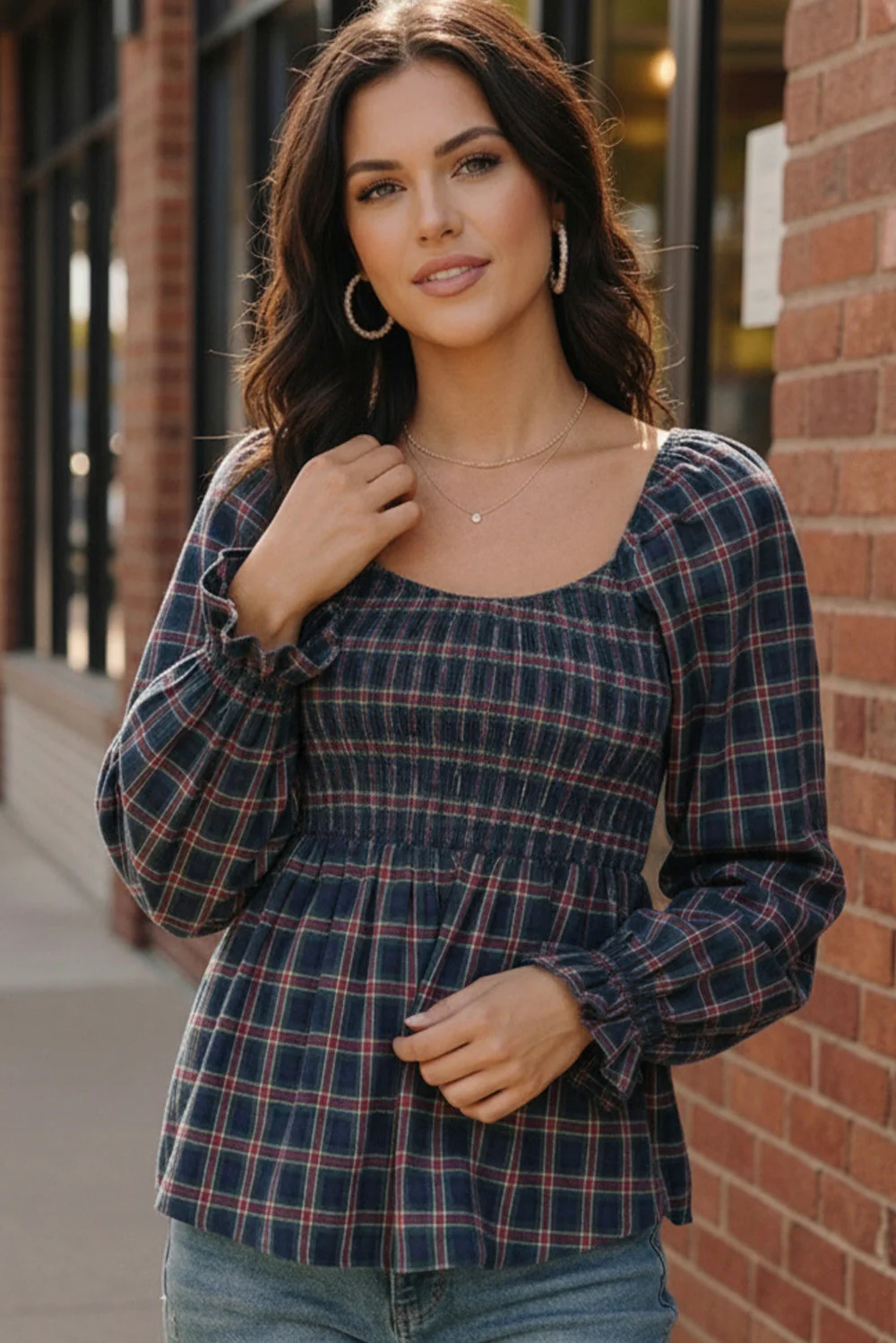 Sweetheart Smocked Navy Plaid Top - Image 3