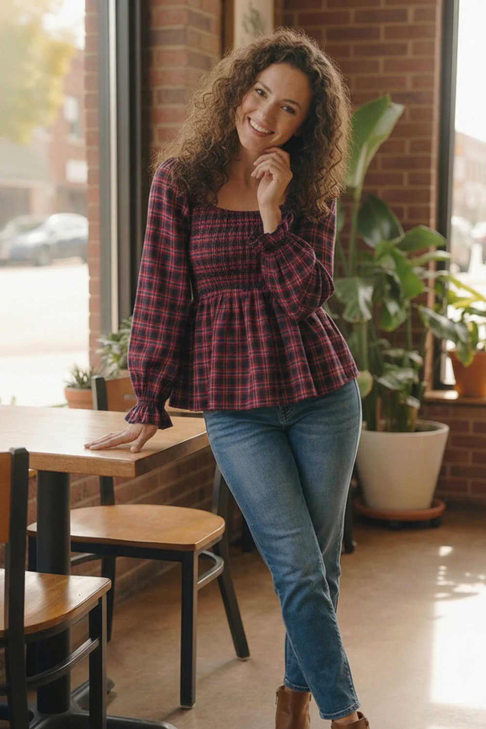 Sweetheart Smocked Cranberry Plaid Top - Image 5