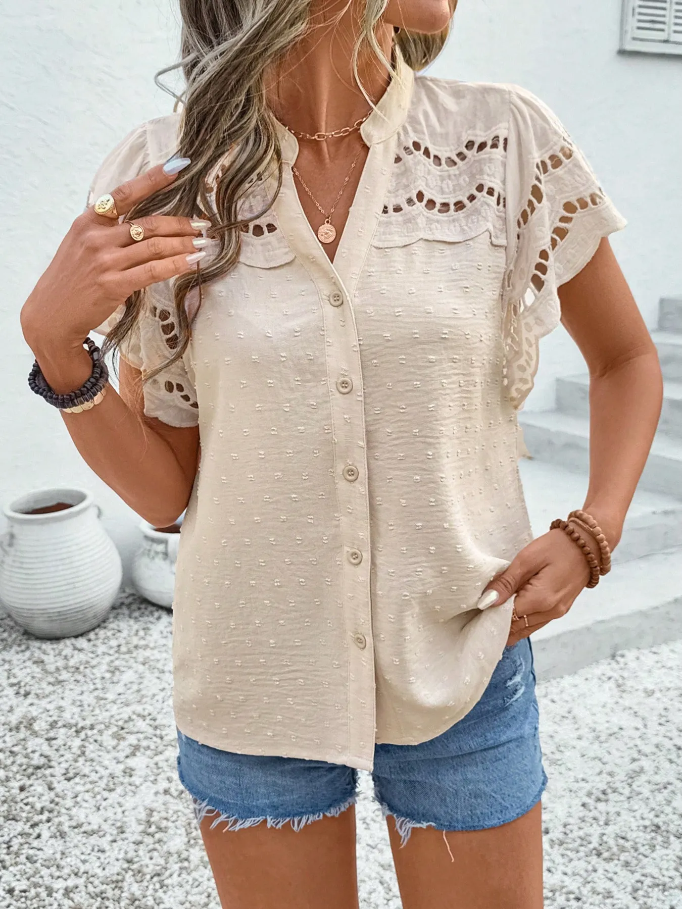 Swiss Dot Cutout Button Down Shirt - Image 4