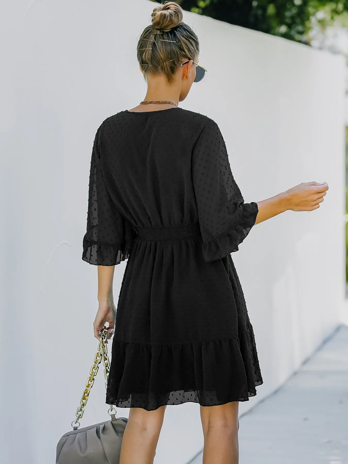 Swiss Dot Flare Sleeve Wrap Mini Dress - Image 11