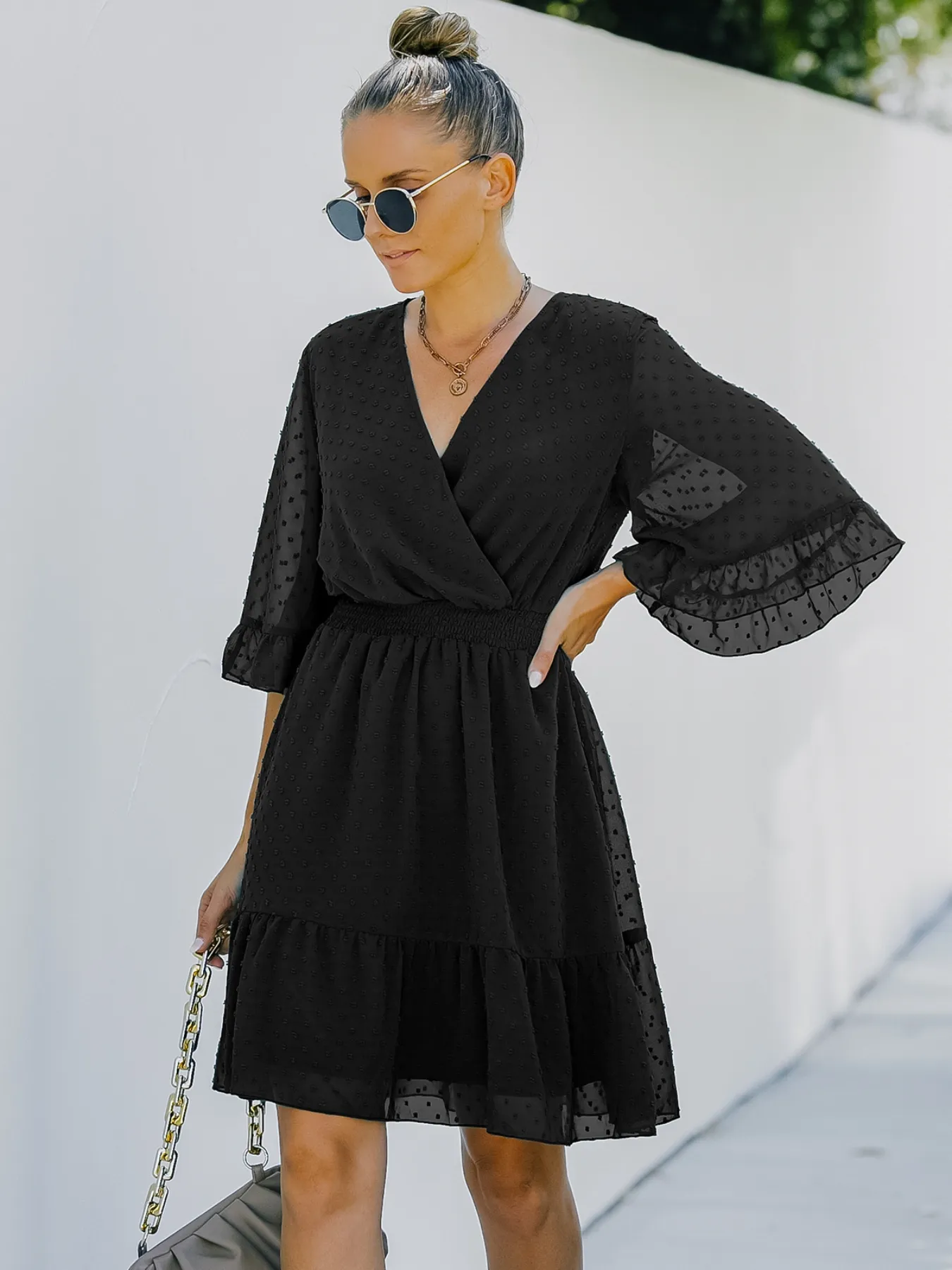 Swiss Dot Flare Sleeve Wrap Mini Dress - Image 12